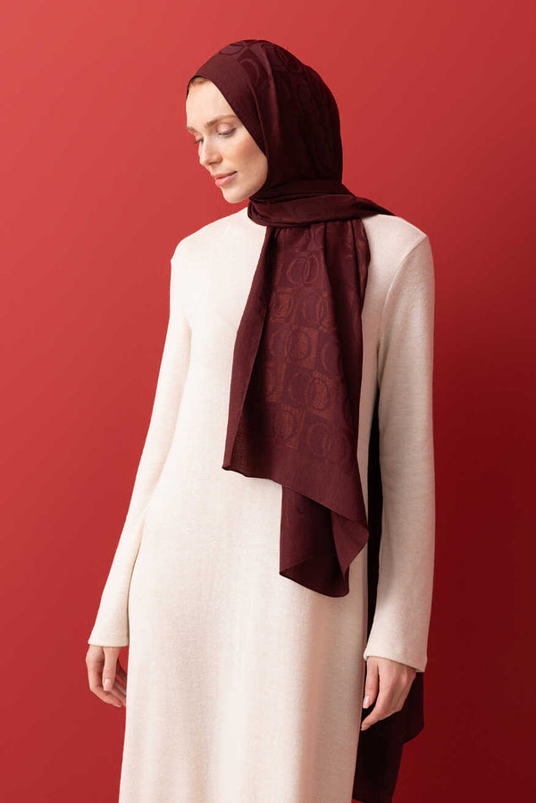 Checkerboard Pattern Naia Cotton Shawl Burgundy