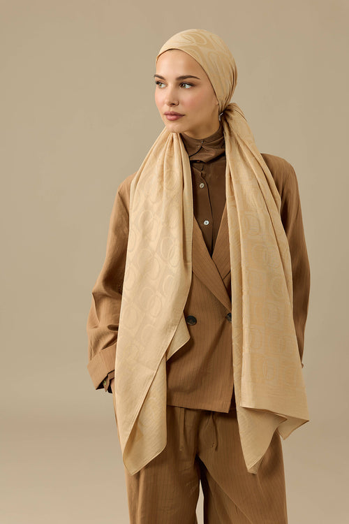 Checkerboard Pattern Naia Cotton Shawl Camel