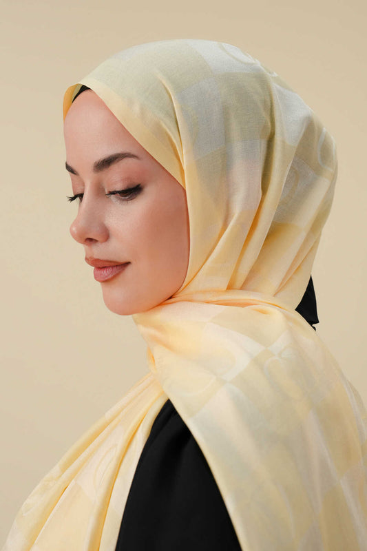 Dama Desen Limon Sarısı Pamuk İpek Şal 70x190