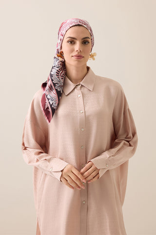 Hurma Dalı Pudra-Bordo Çift Taraflı Tivil İpek Eşarp 94x94