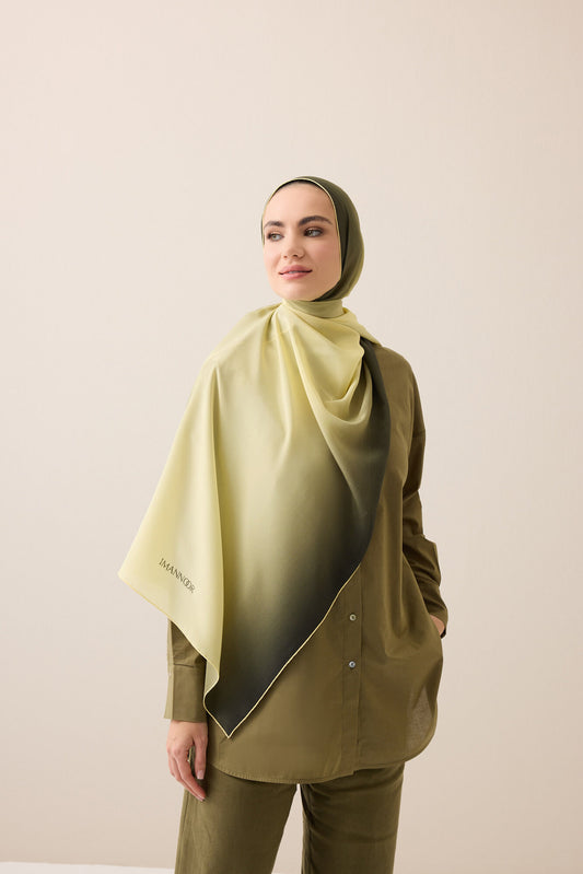 Degrade Haki-Limon Sarısı Krep İpek Şal 70x210
