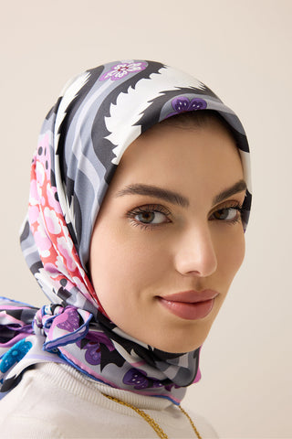 Dere Gülü Mavi-Pembe Çift Taraflı Tivil İpek Eşarp 94x94