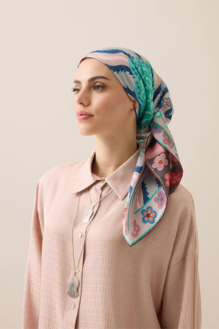 Dere Gülü Mercan-Mint Çift Taraflı Tivil İpek Eşarp 94x94