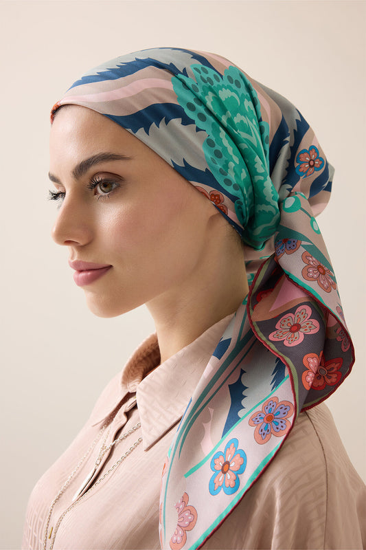 Dere Gülü Mercan-Mint Çift Taraflı Tivil İpek Eşarp 94x94