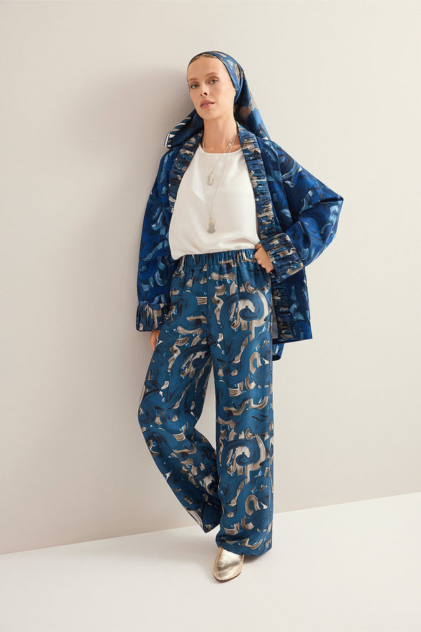 River Road Beige-Indigo Twill Silk Trousers