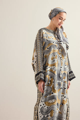 Dere Yolu Bej Krep İpek Kaftan
