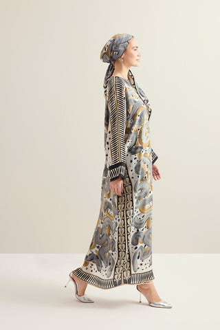 Dere Yolu Bej Krep İpek Kaftan