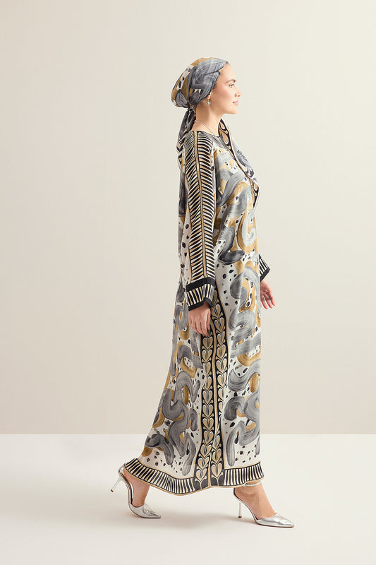Dere Yolu Bej Krep İpek Kaftan
