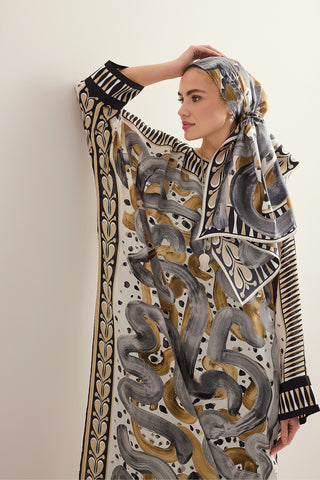 Dere Yolu Bej Krep İpek Kaftan