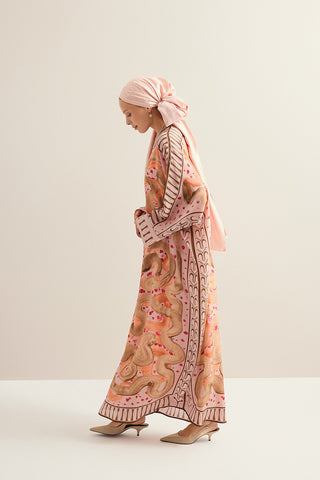 Dere Yolu Somon Krep İpek Kaftan