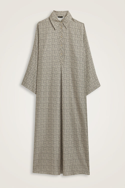 Textured Faith Square Beige Pleated Buttoned Shirt Dress