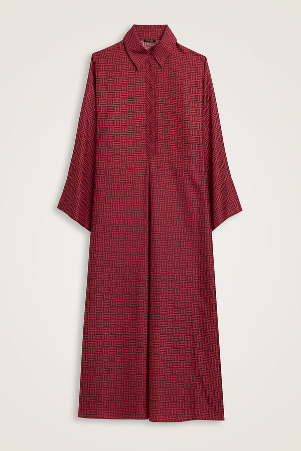 Textured Faith Square Red Pleated Button-Down Shirt Dress