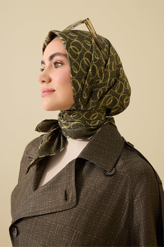 Dokuma Noor Haki Tivil İpek Eşarp 90x90