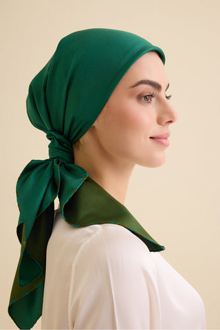 Düz Renk Haki-Zümrüt Çift Taraflı Mulberry İpek Eşarp 94x94