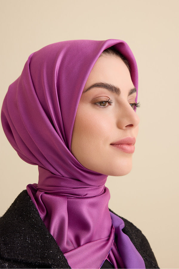 Düz Renk Mor Menekşe-Pembe Menekşe Çift Taraflı Mulberry İpek Eşarp 94x94