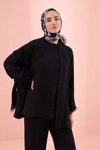 Düz Renk Siyah Otrişli Kısa Kimono