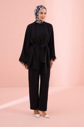 Düz Renk Siyah Otrişli Kısa Kimono