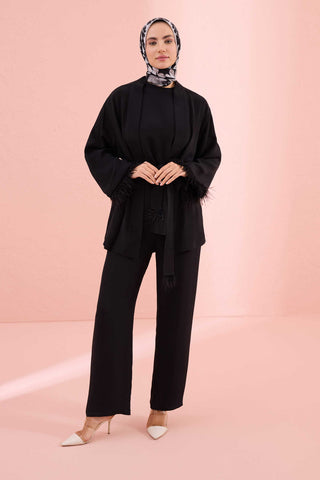 Düz Renk Siyah Otrişli Kısa Kimono