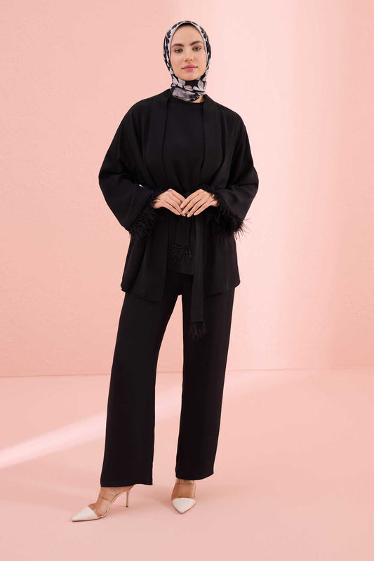 Düz Renk Siyah Otrişli Kısa Kimono