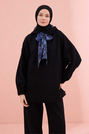 Plain Color Black-Sax Three Thread Hooded Tracksuit Top
