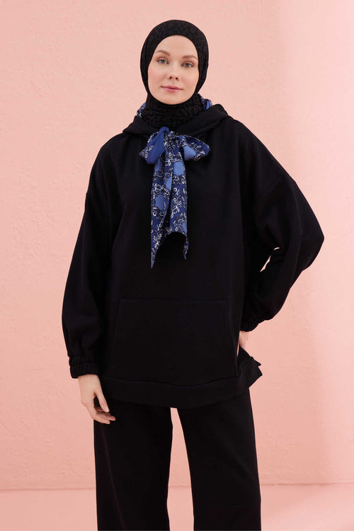 Plain Color Black-Sax Three Thread Hooded Tracksuit Top