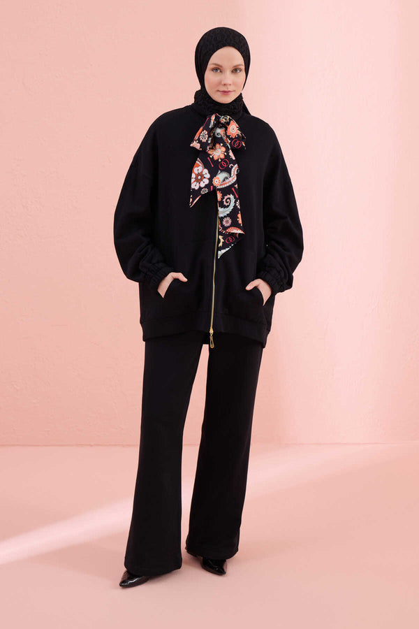 Plain Color Black Three Thread Tracksuit Top