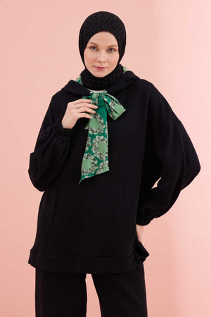 Plain Color Black-Green Three Thread Hooded Tracksuit Top