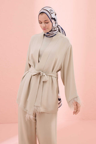 Düz Renk Taş Rengi Otrişli Kısa Kimono