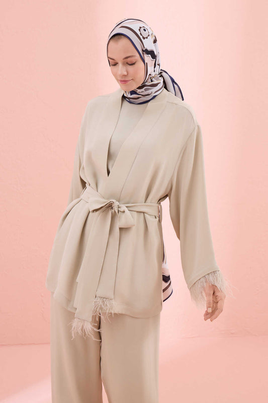 Düz Renk Taş Rengi Otrişli Kısa Kimono