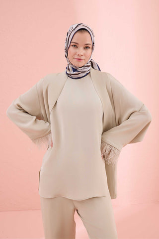 Düz Renk Taş Rengi Otrişli Kısa Kimono