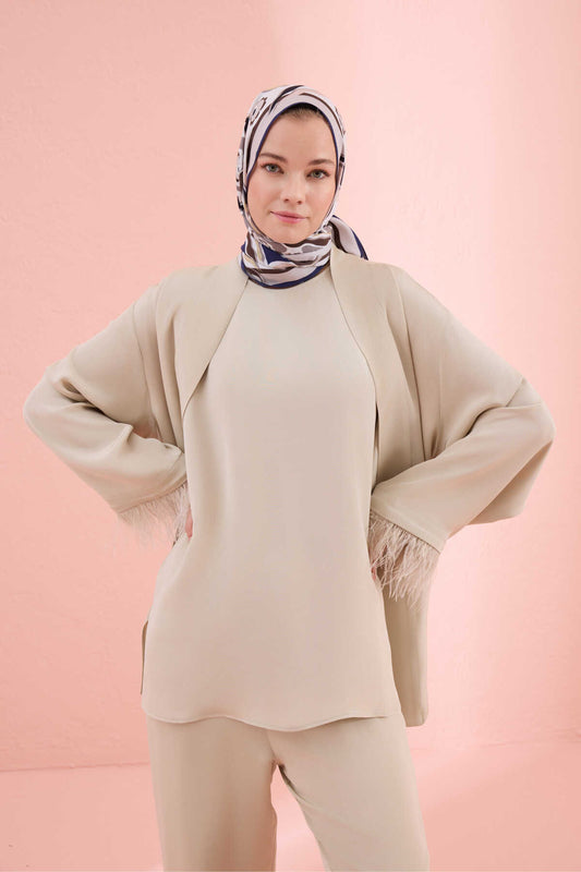 Düz Renk Taş Rengi Otrişli Kısa Kimono
