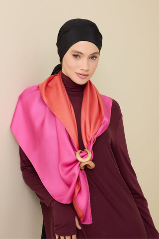 Düz Renk Turuncu-Fuşya Çift Taraflı Mulberry İpek Eşarp 94x94