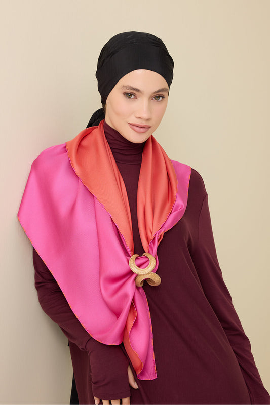 Düz Renk Turuncu-Fuşya Çift Taraflı Mulberry İpek Eşarp 94x94