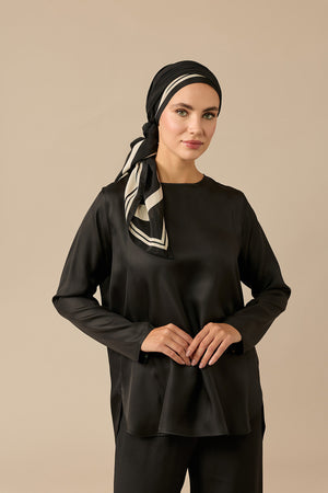 Plain Black Twill Silk Sleeved Blouse
