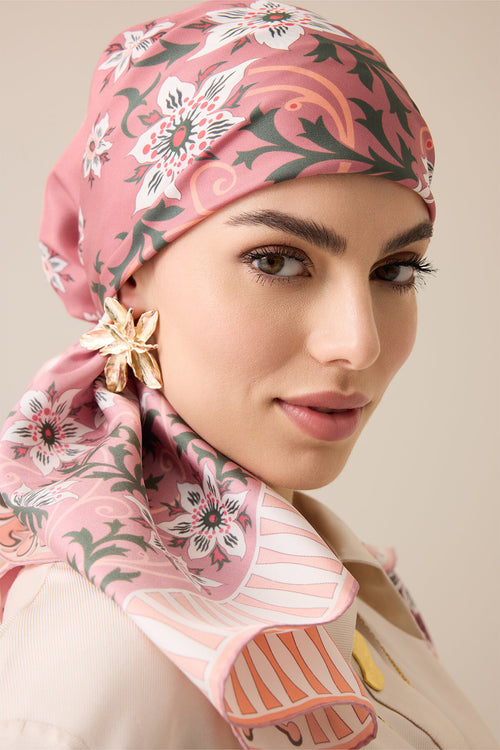 Western Flower Rosewood Twill Silk Scarf