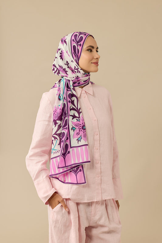 Garp Çiçeği Pembe Krep İpek Kaftan Şalı 70x210