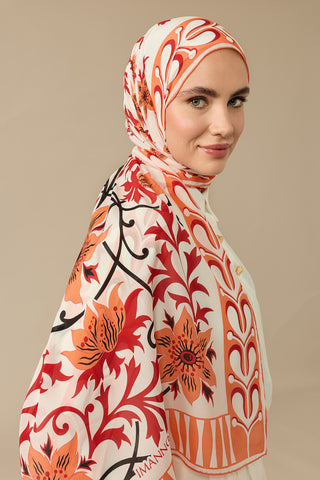 Garp Çiçeği Turuncu Krep İpek Kaftan Şalı 70x210