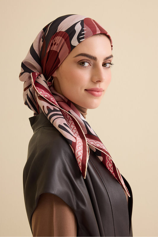 Gelincik Gül Kurusu-Pembe Çift Taraflı Tivil İpek Eşarp 94x94