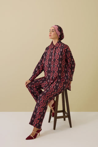Girdap Bordo Tivil İpek Gömlek Pijama