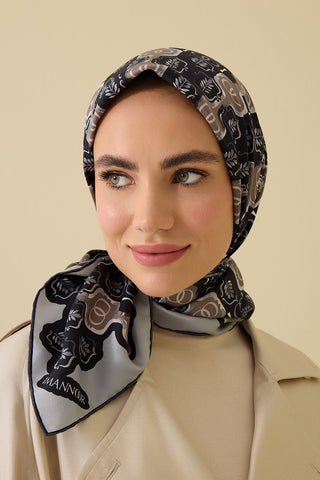 Girdap Siyah-Gri Tivil İpek Eşarp 95x95
