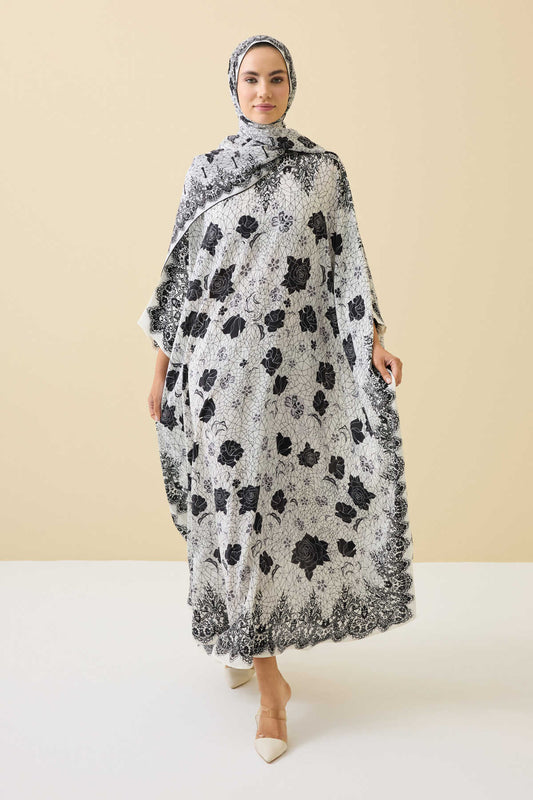 Gül Dantel Beyaz Krep İpek Kaftan