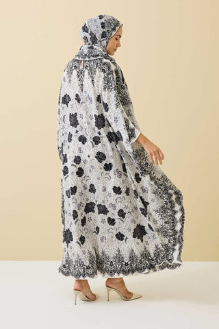 Gül Dantel Beyaz Krep İpek Kaftan