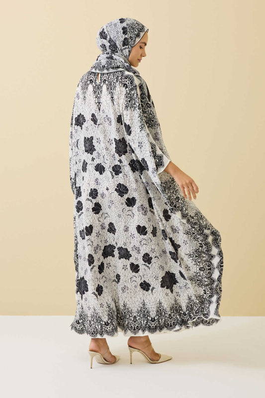 Gül Dantel Beyaz Krep İpek Kaftan