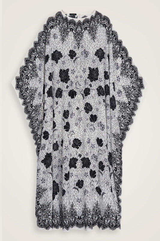 Gül Dantel Beyaz Krep İpek Kaftan