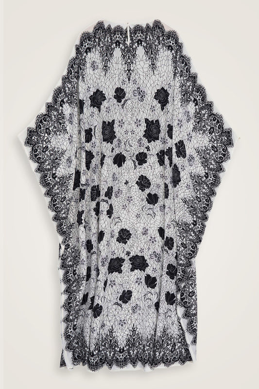 Gül Dantel Beyaz Krep İpek Kaftan