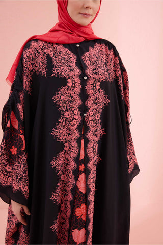 Gül Dantel Nar Çiçeği İpek Abaya