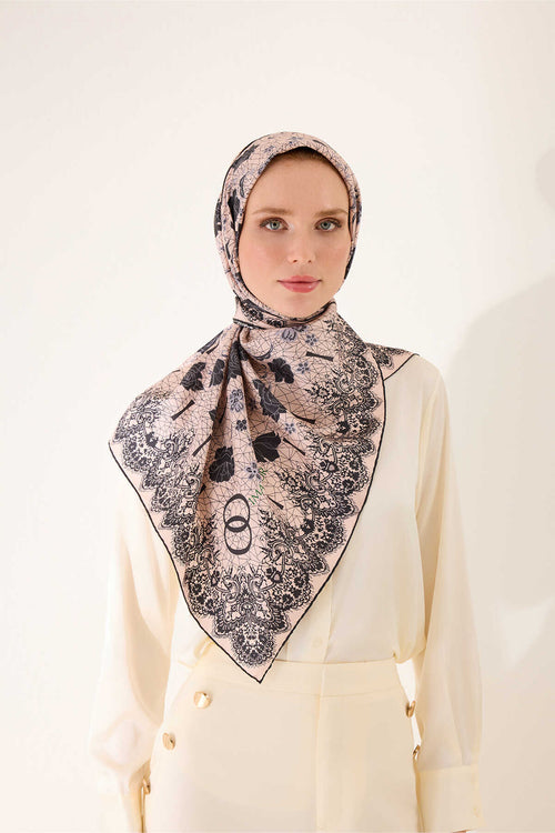 Rose Lace Powder-White Double-Sided Twill Silk Scarf