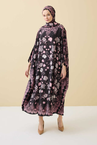 Gül Dantel Siyah Krep İpek Kaftan