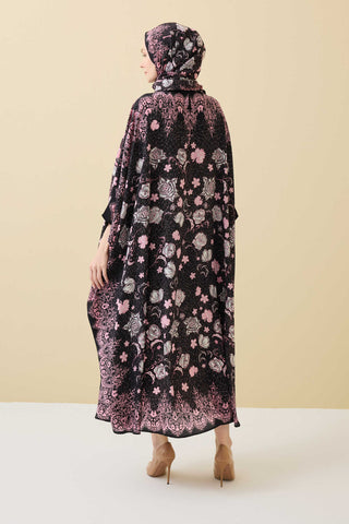 Gül Dantel Siyah Krep İpek Kaftan