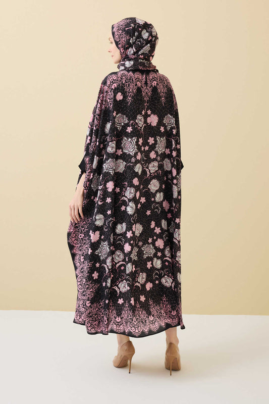 Gül Dantel Siyah Krep İpek Kaftan